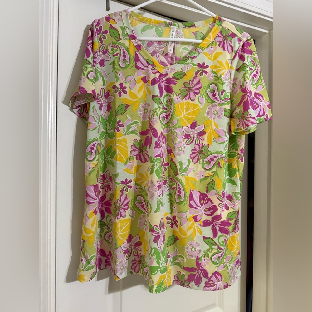 Dear Scarlett Short Sleeve Lizzy Floral V-Neck Top - Pink, Yellow, Green